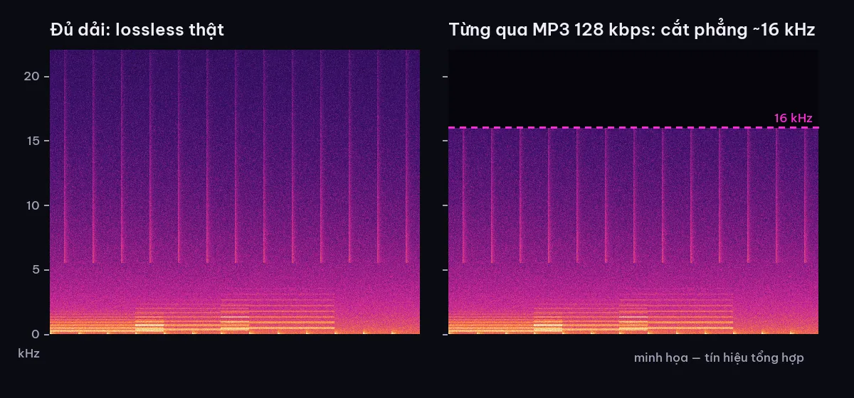 Hai ảnh phổ minh họa: file đủ dải và file MP3 128 kbps bị cắt quanh 16 kHz